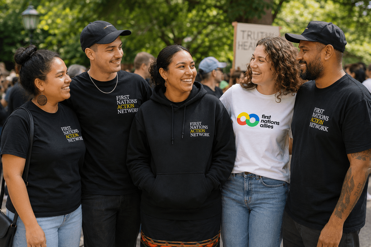 Community members and an ally wearing First Nations Action Network merchandise, smiling together